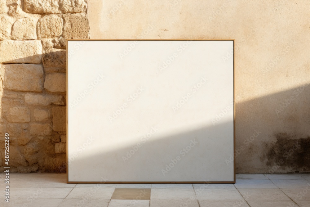 Poster a picture frame leaning against a sturdy stone wall. perfect for adding a rustic touch to any interi