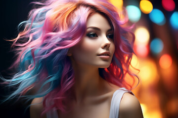 Portrait of a beautiful girl with rainbow asymmetric hair style