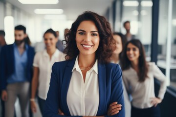 Obraz premium A woman standing confidently in front of a group of people. This image can be used to represent leadership, public speaking, or teamwork