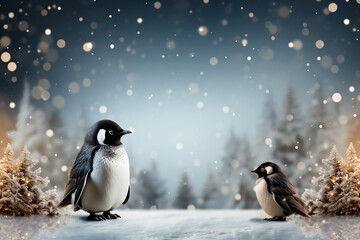Christmas trees and penguins on blue background with bokeh effect
