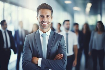 A professional man in a suit and tie stands confidently in front of a diverse group of people. This image can be used to depict leadership, teamwork, or business presentations