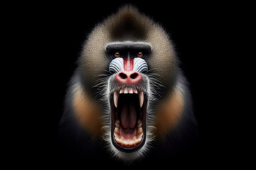 Photo of a Angry disgruntled mandrill monkey on a solid black background. ai generative - obrazy, fototapety, plakaty
