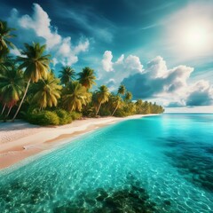 Palm-fringed turquoise beach with palm trees swaying in the breeze and turquoise water lapping at the shore. The sky is a clear blue, and the sun is shining brightly.