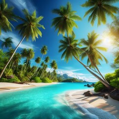 Palm trees swaying in the breeze on a tropical beach. The sky is blue and clear, and the water is a beautiful turquoise color. The sand is white and soft.