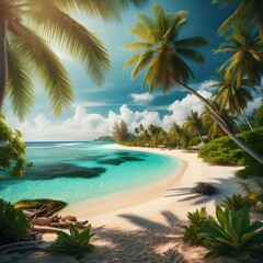 Tropical beach with palm trees and turquoise water, A beautiful tropical beach with lush palm trees and clear turquoise water. The sand is white and soft.
