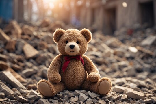 teddy bear sitting on a pile of rubble representing the loss. ai generative