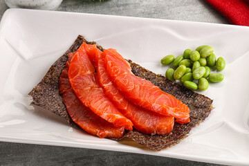 Sliced salmon sashimi in the plate