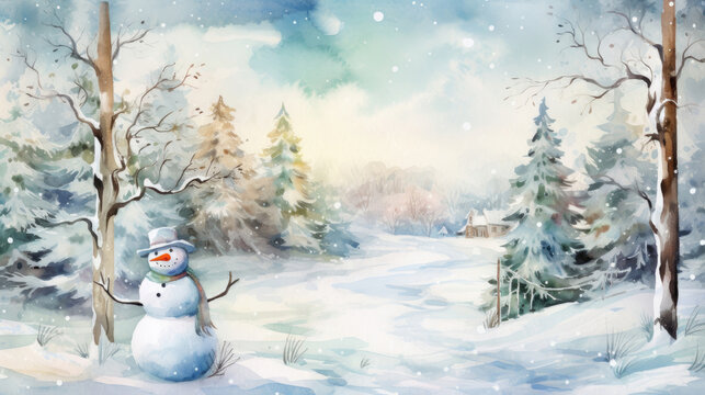 Watercolor of Christmas merry snowman