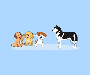 Cute red-haired girl walking many dogs, editable stroke.