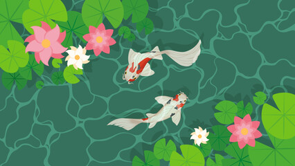 Pond with koi fish and water lily leaves top view. Vector cartoon landscape of green lake or river surface with water plants and koi fish.