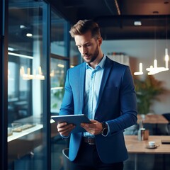 Young successful business man in the office on a tablet