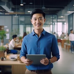 Young successful business man in the office on a tablet