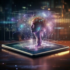 AI Artificial Intelligence is coming out of a Tablet in holographic Data Analytic Structure
