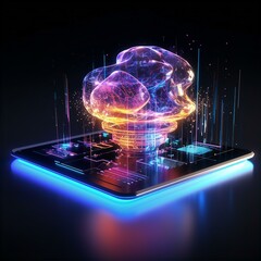 AI Artificial Intelligence is coming out of a Tablet in holographic Data Analytic Structure