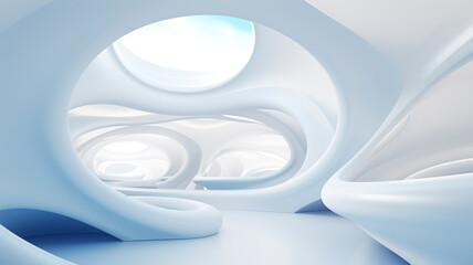Minimalistic abstract white blue interior without corners of the hall. Futuristic white blue loft design. Light futuristic hall. Architectural white blue background. White abstract tunnel.