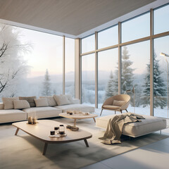 White living room with
 pouf, an armchair and two coffee tables in a modern living room with a view of misty forest