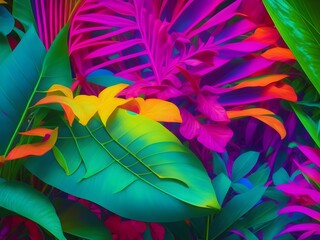 Tropical leaves background. Colorful foliage. 3d render