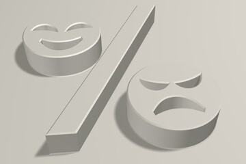 The percentage sign. The images of the percentage sign with emoticons are smiling and sad. 3d rendering.
