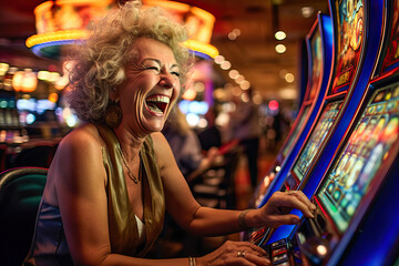 Expressive woman playing slot machines in a casino
