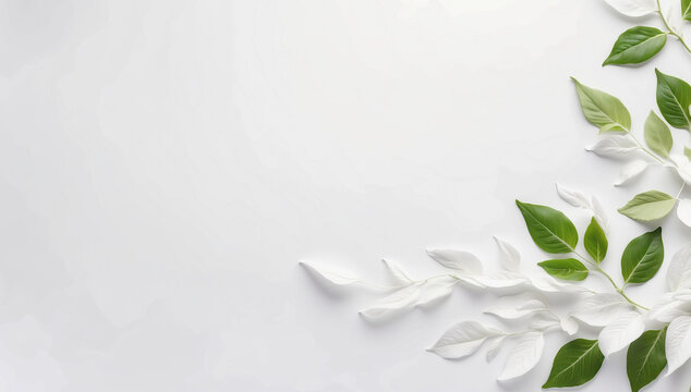 Simple White and Green Leaves on White Background with Room for Text