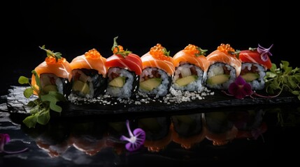 high quality picture of sushi on sleek black background, copy space, 16:9