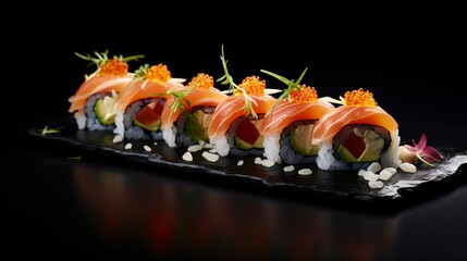 high quality picture of sushi on sleek black background, copy space, 16:9