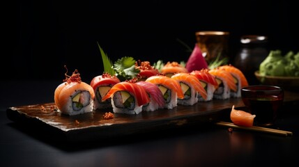 high quality picture of sushi on sleek black background, copy space, 16:9