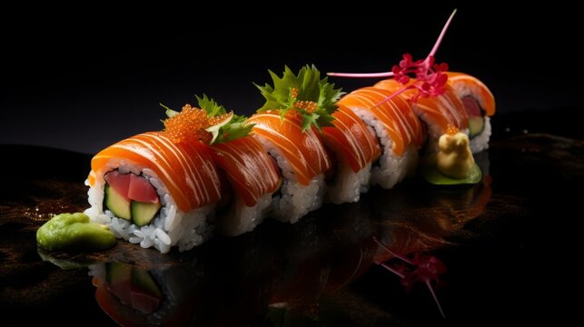 high quality picture of sushi on sleek black background, copy space, 16:9
