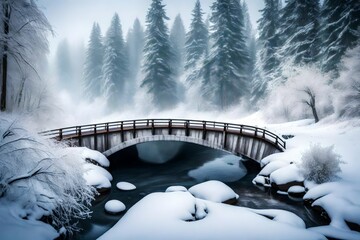 A snow-covered bridge spanning a tranquil river, surrounded by dense trees and winter fog.