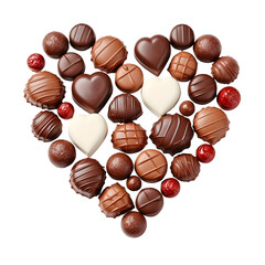 Heart-shaped design made of chocolate candies on a white background, ideal for sweet themes
