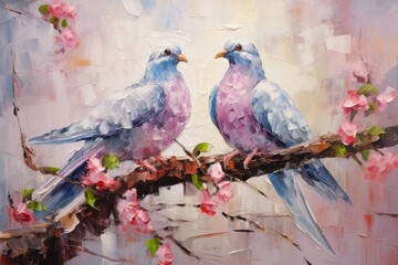 palette knife textured painting Love and pigeons Love Doves pair of pigeons
