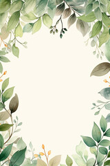 green leaves branches border wedding invitation card white background with copy space