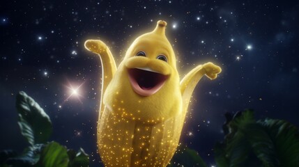 Obraz na płótnie Canvas Conjure a delighted banana character basking in the soft, celestial glow of a starry night sky adorned with light, wispy clouds.