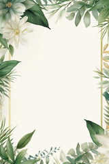 Fototapeta na wymiar frame of flowers, green leaves border wedding invitation card white background with copy space
