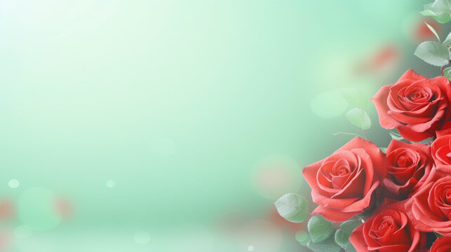 Banner on soft green background with place to copy text and several red roses. Vintage style. Copy space.