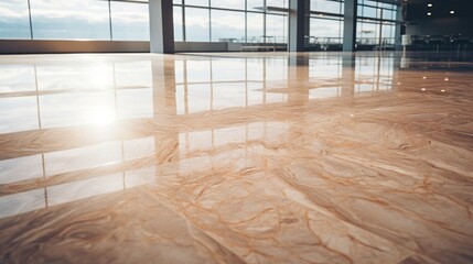 A photo-realistic depiction of polished travertine flooring, showcasing its natural pits and distinctive veining. - obrazy, fototapety, plakaty