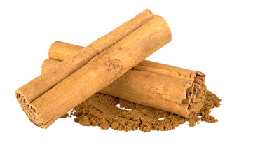 Cinnamon sticks and heap of powder isolated on white background,