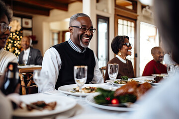 A diverse group of friends, spanning generations and backgrounds, share smiles and laughter over a delightful meal, celebrating togetherness and friendship.