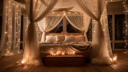Romantic bedroom with fairy lights, candles, and a cozy canopy bed creating a warm ambiance