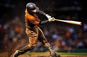 baseball player right at the moment he hits the ball in the crowded field, sports concept - obrazy, fototapety, plakaty