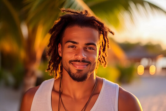 A radiant sunset illuminates the warm smile of a young man with curly dreadlocks and a carefree spirit, against a backdrop of tropical palms.