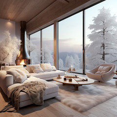 
Cozy white corner living room with
a large armchair and a coffee table in a modern living room with a wooden ceiling a circular suspended fireplace with a warm atmosphere and view of misty forest