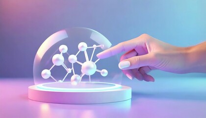 A hand touching a 3D model of a molecule - obrazy, fototapety, plakaty