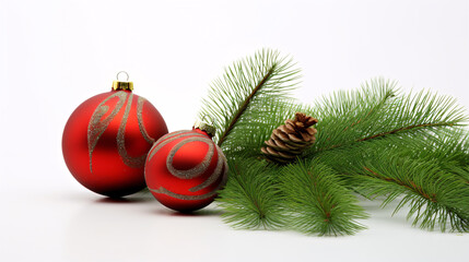 Decorated white background with fir branches and Christmassy ornaments.
