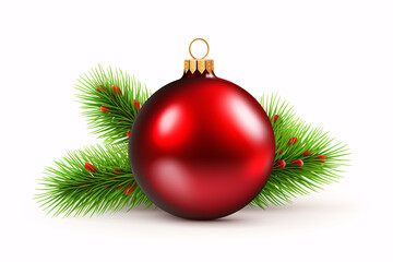 Isolated Xmas decoration of White-backgrounded Christmas Fir twigs, fresh pine branch and red bauble.