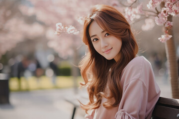 A radiant woman with flowing hair and a blush dress sits against a backdrop of cherry blossoms, embodying spring's grace.