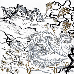 Peaceful Asian Landscape Hand Drawn Gold Black and White Wall Art