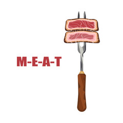 Beef steak cut into pieces, skewered on a fork, raw and ready to eat. Cooking barbecue Grilled food, vector illustration.