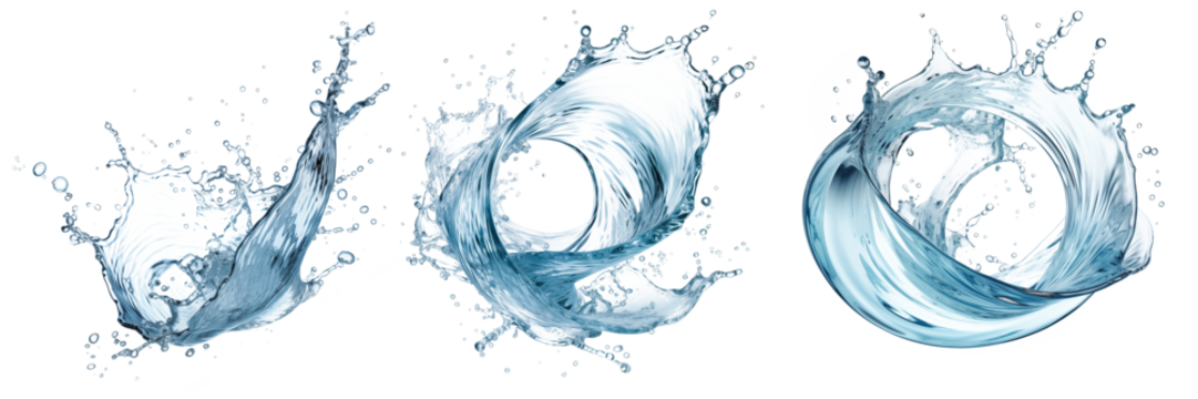 Set of water splashes close-up on a transparent background. Water spirals in PNG format and water drops flying in different directions. Liquid splash overlay.