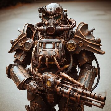 Steampunk power armor suit with the rugged, makeshift appearance of Fallout's wasteland tech